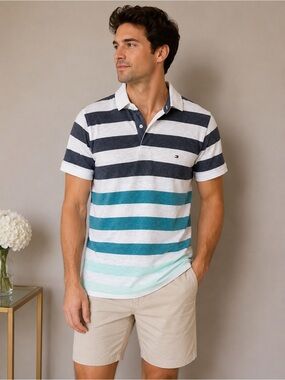 Tommy Hilfiger Men’s Striped Polo - Navy, Teal & White